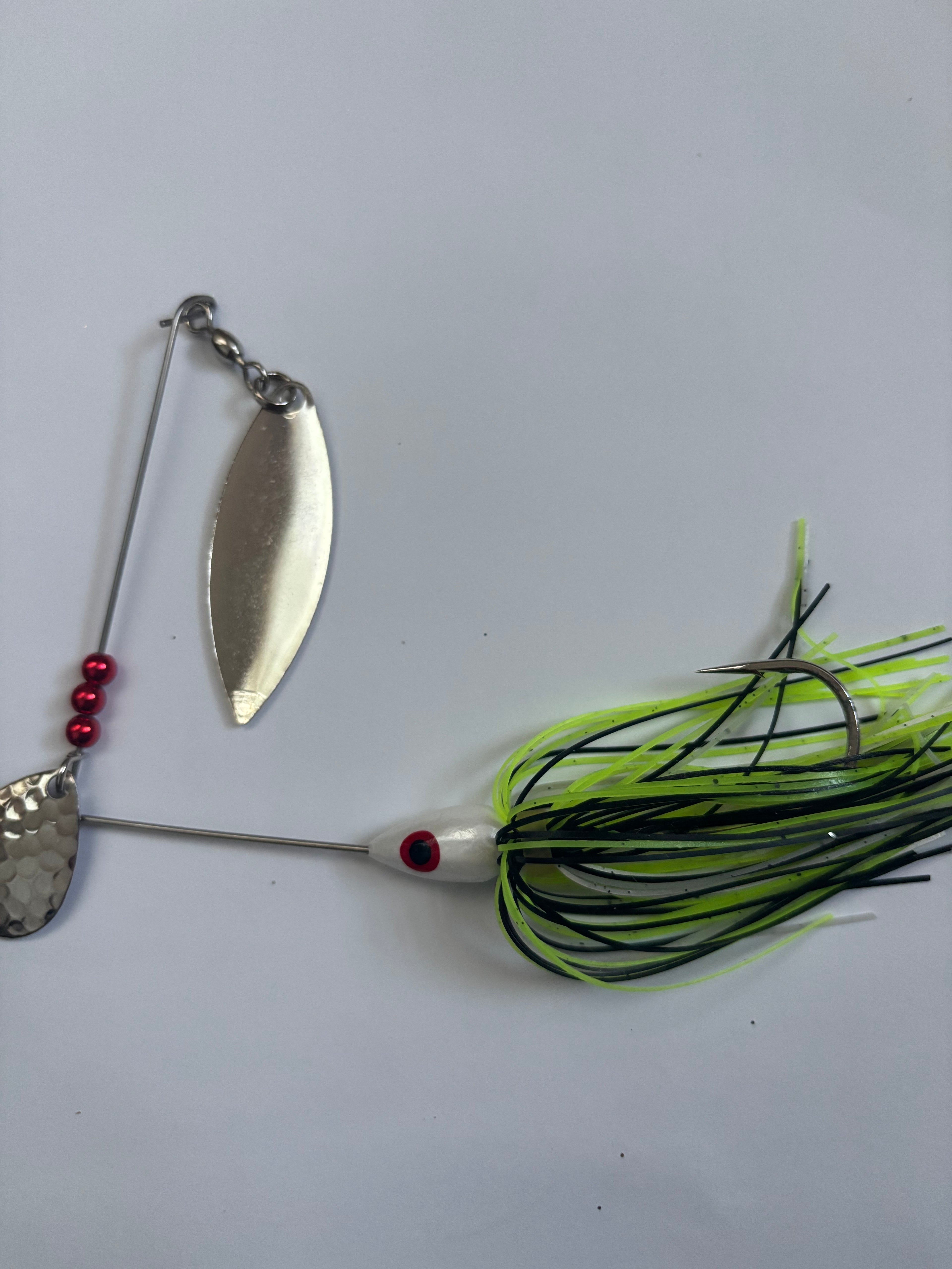 White Bass Spinner (with Green/Black/White skirt)